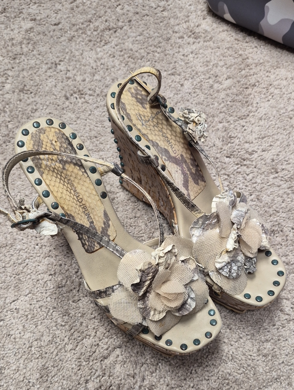 Wedge Sandals with Floral Accent in Neutral Snake Print